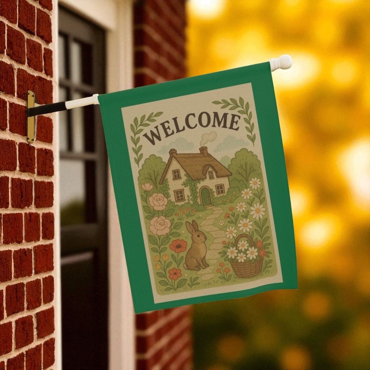 Close-up of Welcome Garden Flag, Vintage-Inspired Outdoor Yard Decor showing detailed vintage floral pattern and elegant script