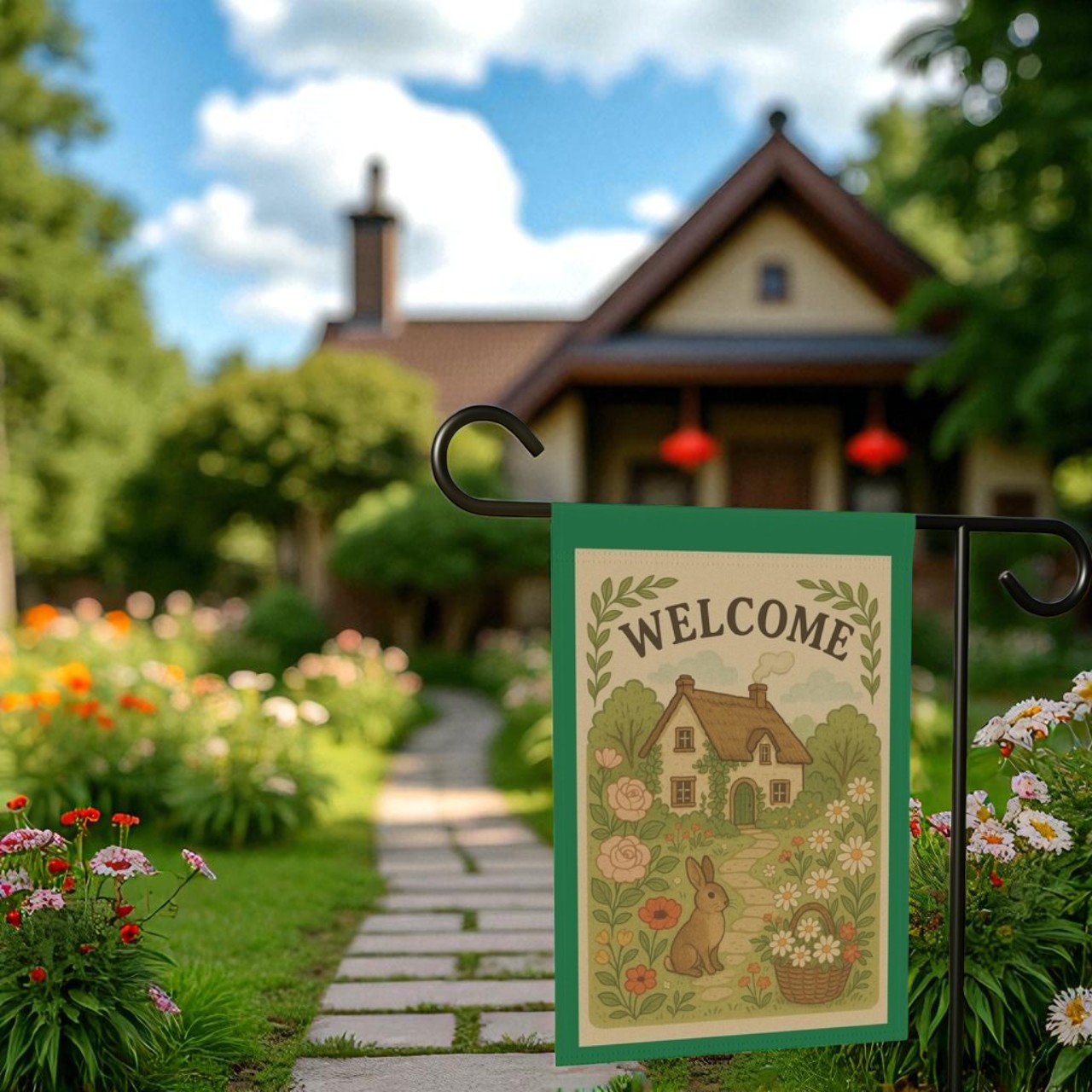 Weather-resistant fabric of Welcome Garden Flag, Vintage-Inspired Outdoor Yard Decor designed for outdoor use in all seasons