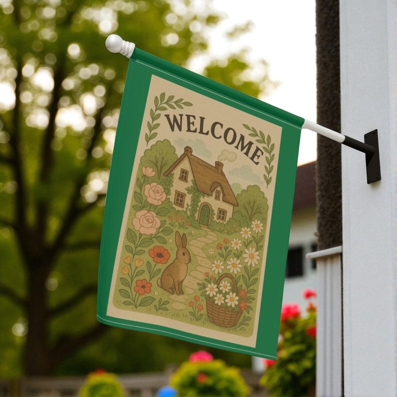 Welcome Garden Flag, Vintage-Inspired Outdoor Yard Decor mounted on a traditional garden flag stand in a landscaped yard