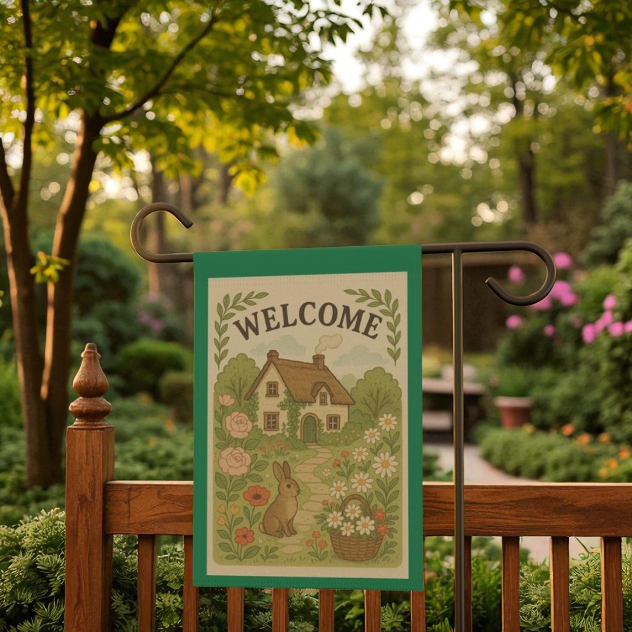 Welcome Garden Flag, Vintage-Inspired Outdoor Yard Decor displayed beside seasonal plants in a charming front yard