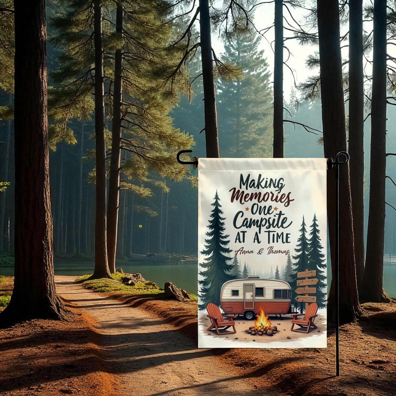 Welcome to Campsite Flag, Camping Outdoor Decor displayed at a campsite for outdoor ambiance and friendly welcome