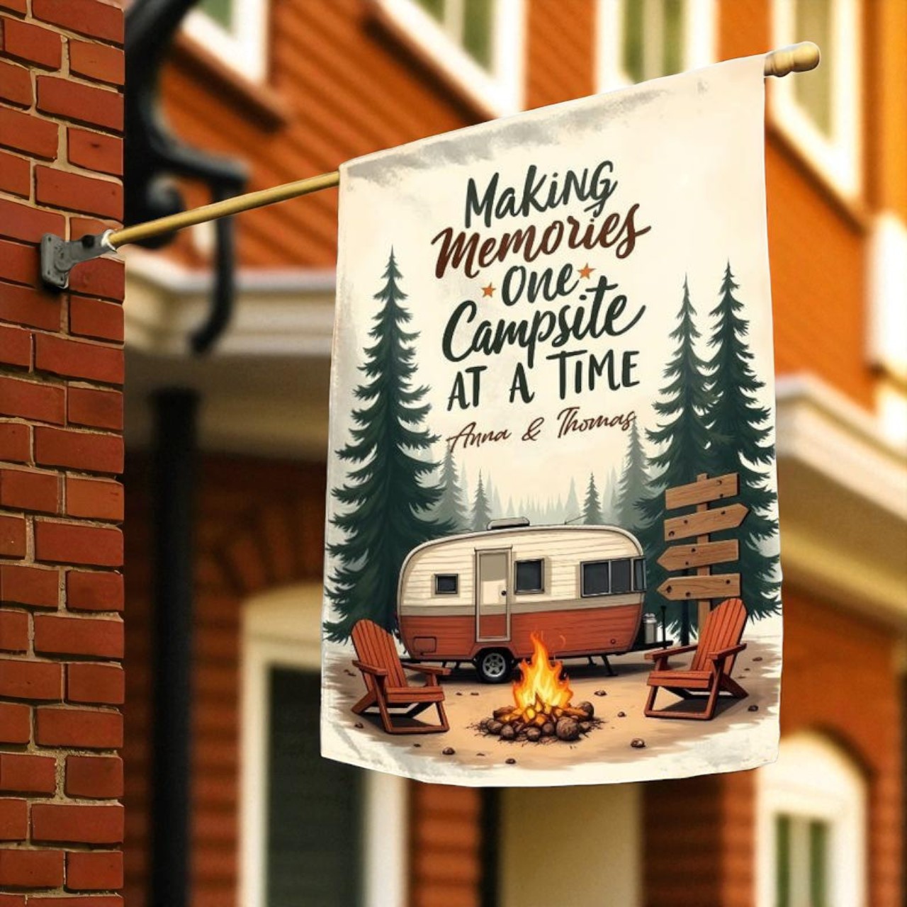 Welcome to Campsite Flag hanging on a camping flagpole showing easy installation and outdoor use