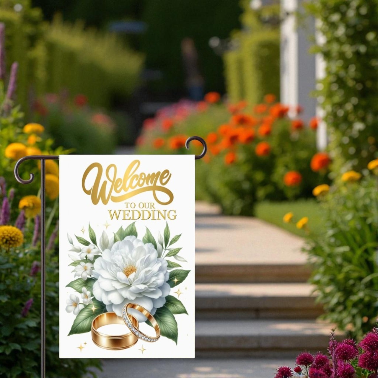 Welcome To Our Wedding Flag, Garden Flag displayed at wedding entrance creating a warm and elegant greeting for guests