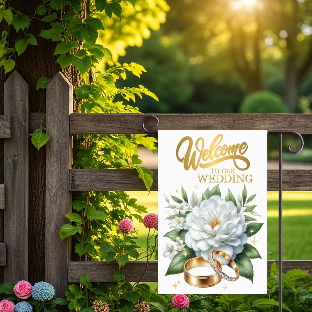 Close-up of Welcome To Our Wedding Flag, Garden Flag showing detailed design and elegant script perfect for outdoor wedding decor