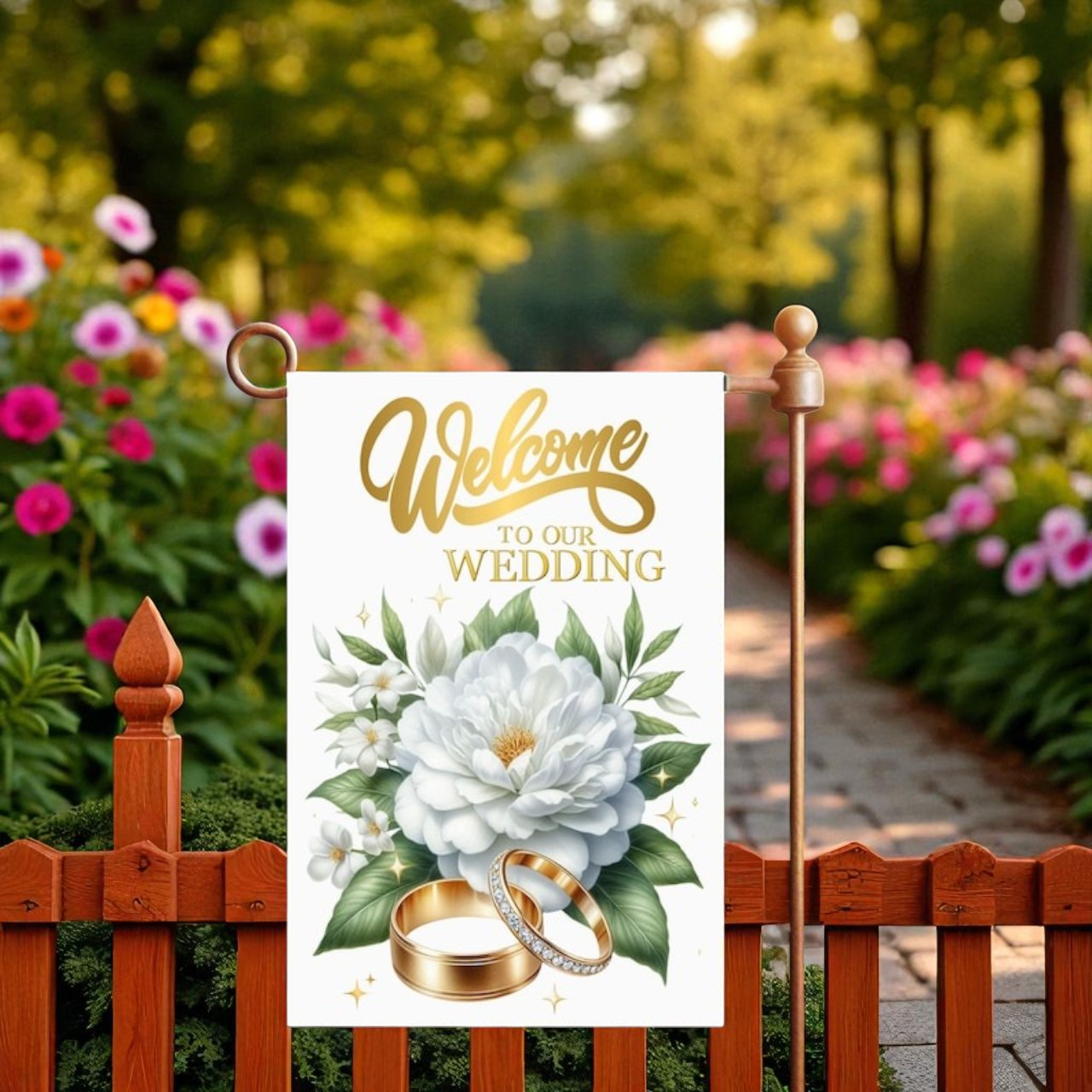 Welcome To Our Wedding Flag, Garden Flag installed in a garden path, providing a charming and durable greeting to wedding guests