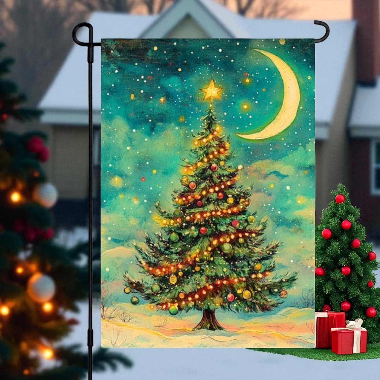 Christmas Tree Garden Flag, Winter Night Outdoor Banner