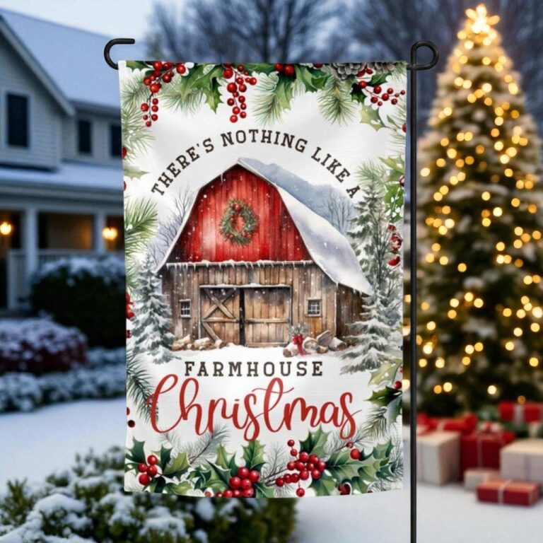 Farmhouse Christmas Garden Flag, Red Barn Holiday Decor
