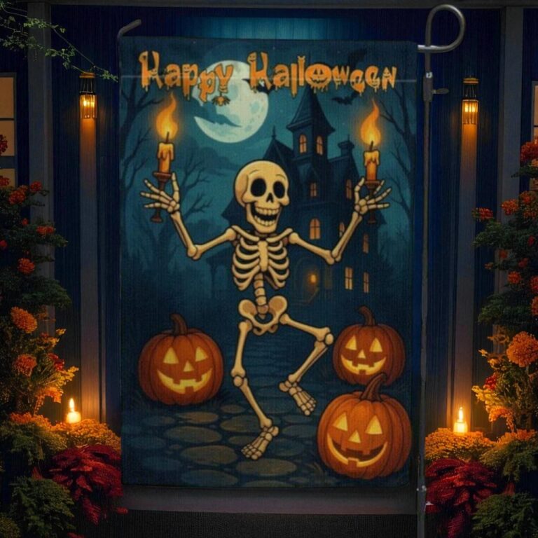 Funny Skeleton Halloween Flag, Spooky Pumpkin Yard Decor