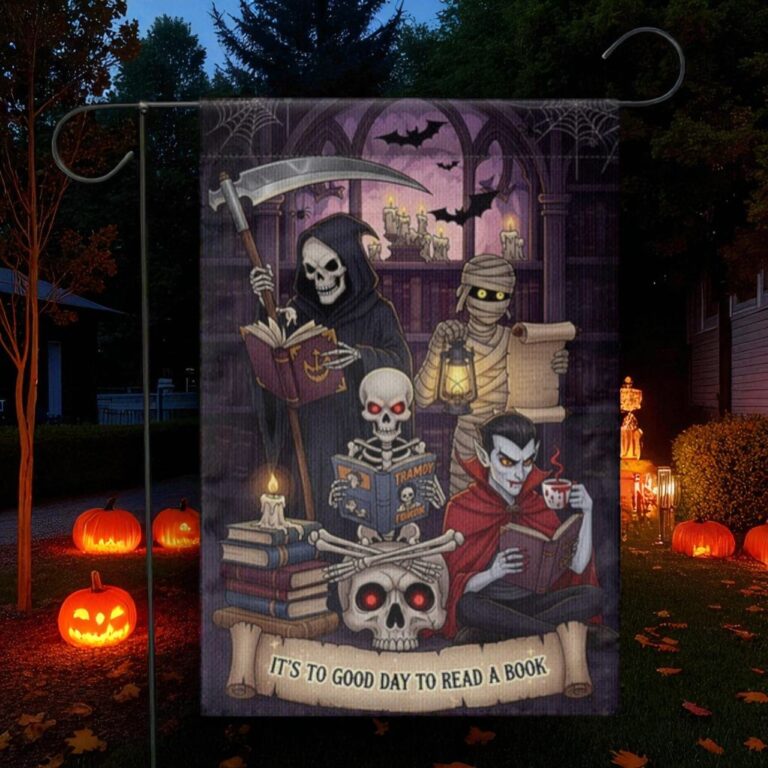 Halloween Garden Flag, Grim Reaper Book Lover Decor