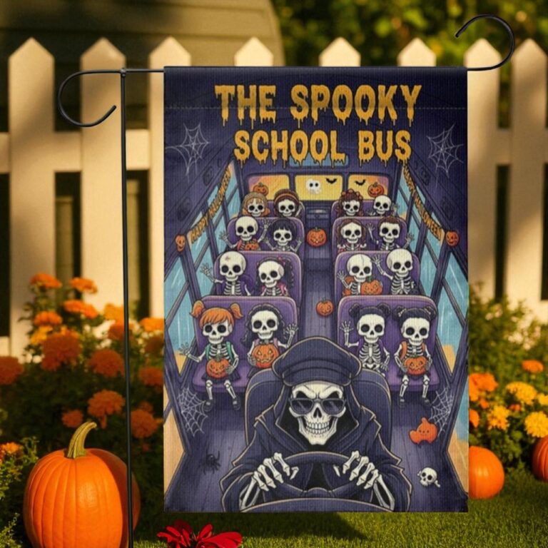 Halloween Garden Flag, Spooky Skeleton School Bus Decor