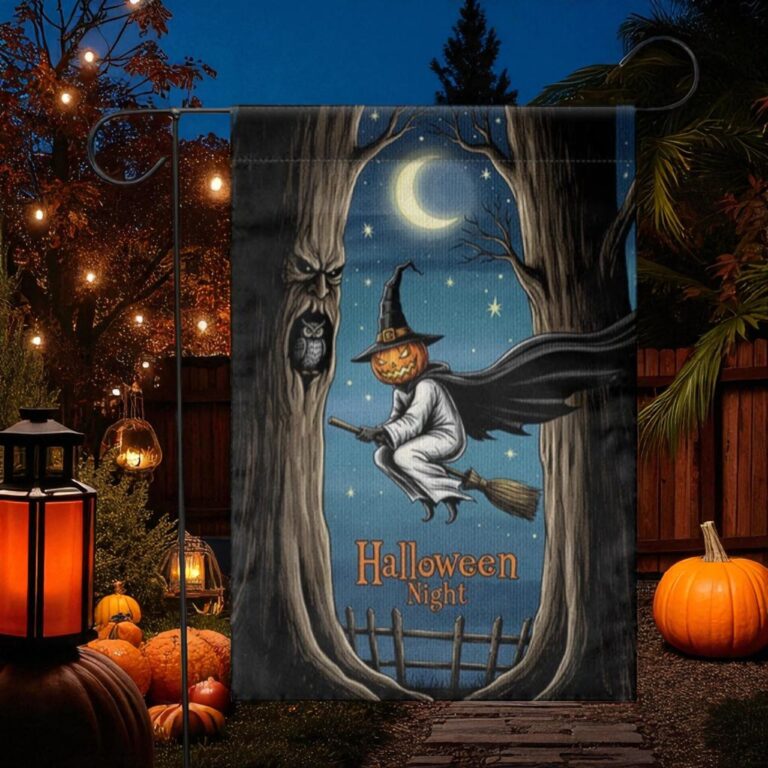 Halloween Witch Garden Flag, Flying Pumpkin Head Decor