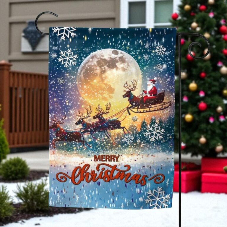Merry Christmas Garden Flag, Santa Reindeer Sleigh Decor