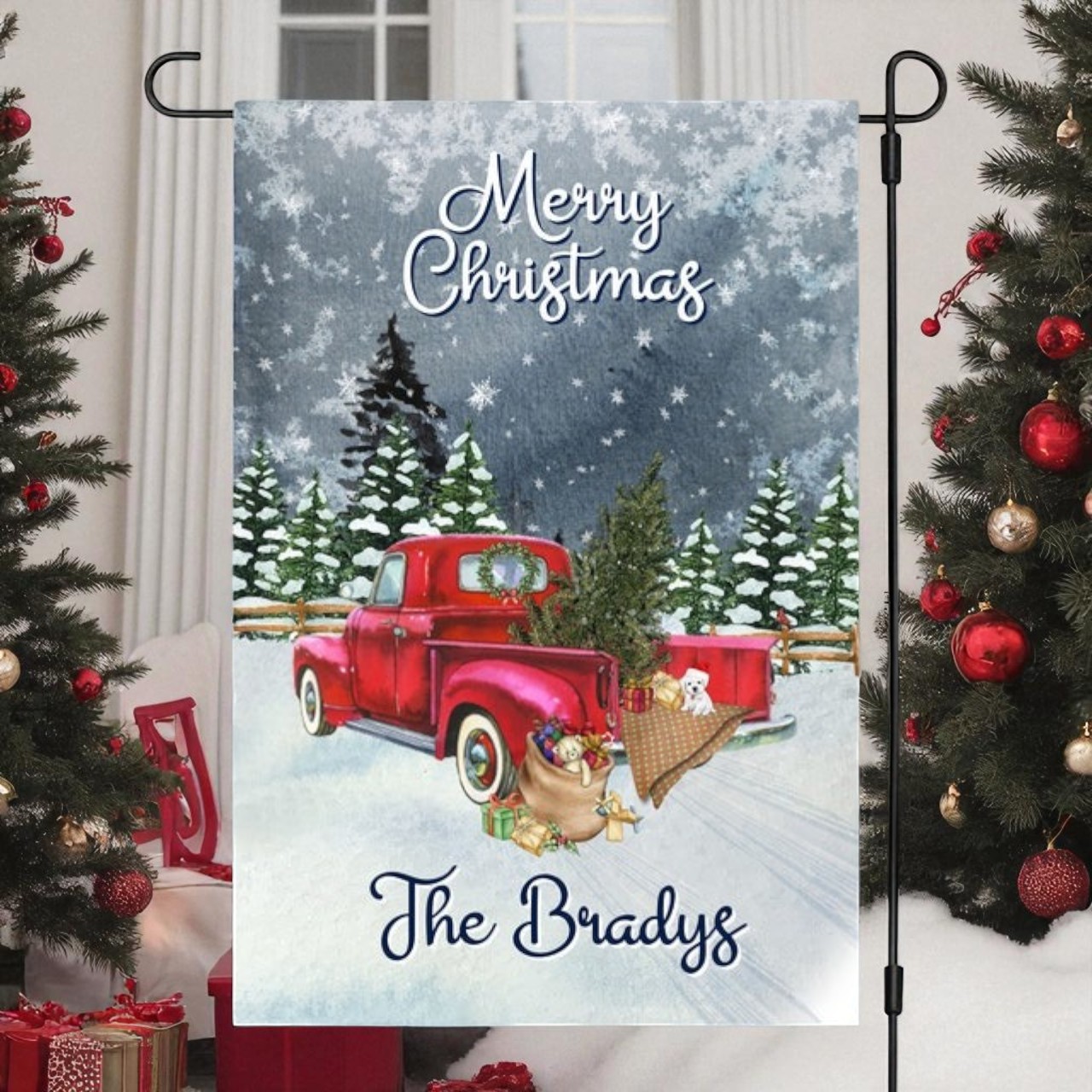 Red Christmas Truck Flag, Personalized Holiday Garden Decor