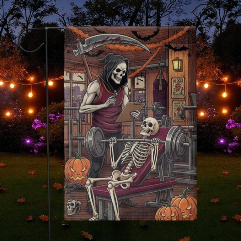 Skeleton Gym Halloween Flag, Weightlifting Yard Decor