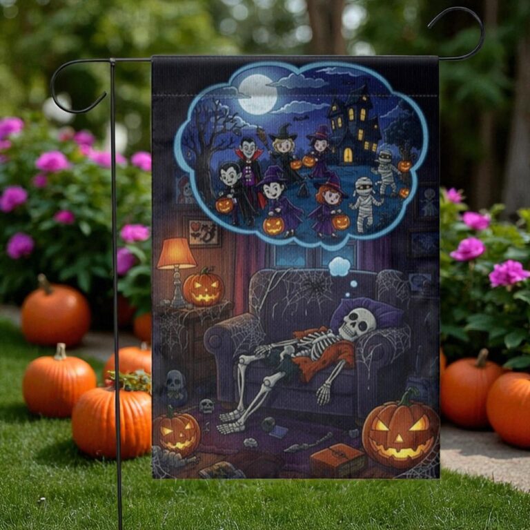 Skeleton Halloween Garden Flag, Spooky Fall Pumpkin Decor