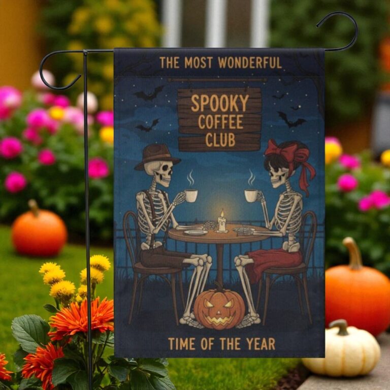 Spooky Coffee Club Flag, Skeleton Halloween Yard Decor