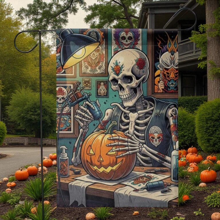 Tattoo Skeleton Halloween Flag, Spooky Jack-O'-Lantern Decor