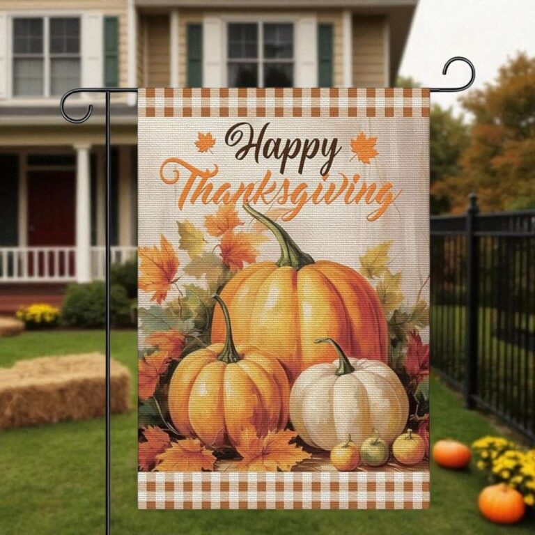 Thanksgiving Garden Flag with Buffalo Plaid Pumpkin Design