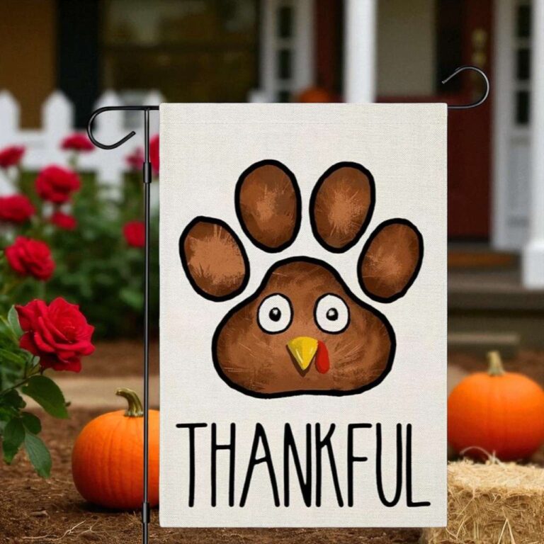 Thanksgiving Garden Flag with Turkey and Dog Paw Print