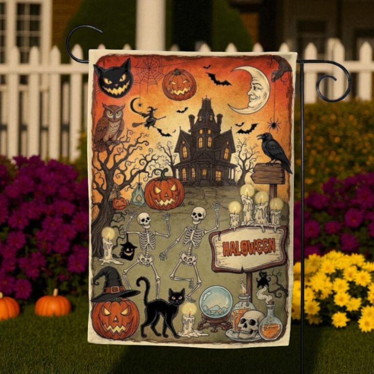 Vintage Halloween Garden Flag, Witchy Pumpkin Porch Decor