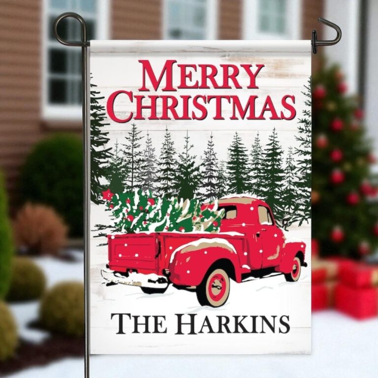 Vintage Red Truck Christmas Flag, Personalized Holiday Garden Decor